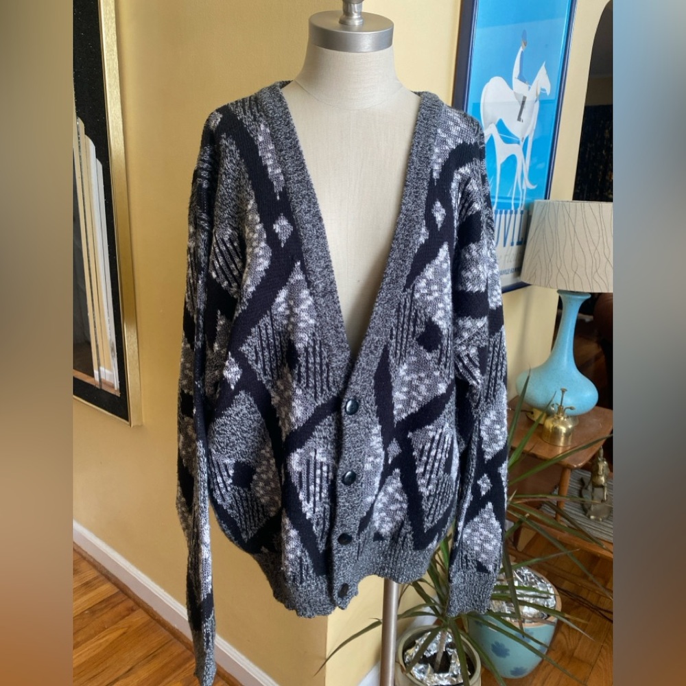 vintage 80’s black gray and white cardigan sweater